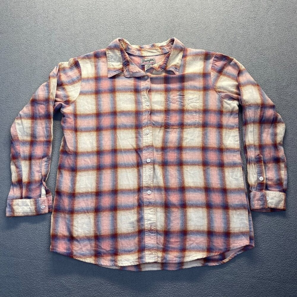 Wrangler Plaid Wrancher Shirt Medium Pink Red Long Sleeve Size L,Pocket,Cotton